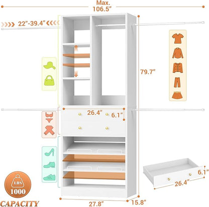 Besiost Closet System, 4.2–8.8 FT Closet Organizer with 2 Wooden Drawers and Shelves, Walk-in Closet System with Hanging Rods, Built-in Closet Tower, Can Fit 60 to 96 inch, White