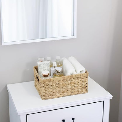 Wicker Basket, Water Hyacinth Baskets for Organizing, Rectangular Wicker Storage Basket for Shelves, Decorative Storage Bin with Built-in Handles (Medium)
