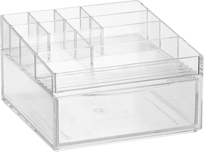 mDesign Plastic Divided Makeup Organizer Holder Bin with Front Drawer for Bathroom Vanity, Countertop Storage - Cosmetic Organization Holds Palettes, Brushes, Accessories - Cadi Collection - Clear