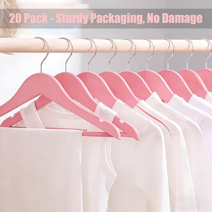 20 Pack Cherry Pink Slim Wood Hangers, Anti-Slip 360° Swivel Space Saving Hangers, Smooth Finish for Women Kids Dress Shirt Coat Closet
