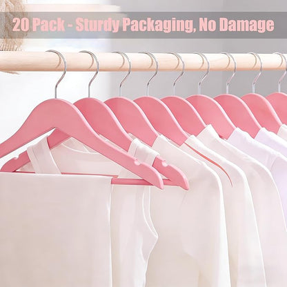 20 Pack Cherry Pink Slim Wood Hangers, Anti-Slip 360° Swivel Space Saving Hangers, Smooth Finish for Women Kids Dress Shirt Coat Closet