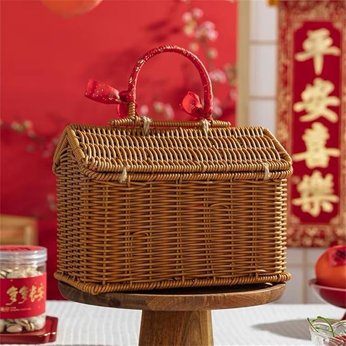 Rattan House Shape Storage Basket with Lid, Small Doll House, Decorative Hand Woven Shelf Organizer with Handle, Natural Harvest Wicker Basket for Picnics, Organizing, Storage (A, 1)
