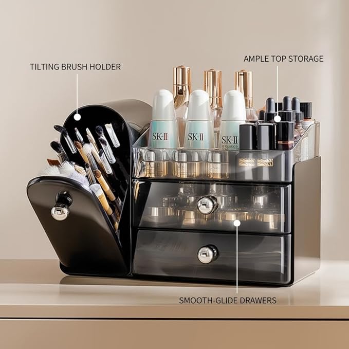 Bird&Fish Makeup Organizer with Sliding Brush Holder, Clear Skincare Organizer with Drawers, Bathroom Countertop Organizer, Sturdy Cosmetic Storage Case for Vanity, Dresser (Black)