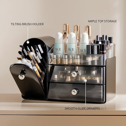 Bird&Fish Makeup Organizer with Sliding Brush Holder, Clear Skincare Organizer with Drawers, Bathroom Countertop Organizer, Sturdy Cosmetic Storage Case for Vanity, Dresser (Black)