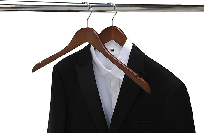 Quality Semi Curved Wooden Suit Hangers, 80-Pack Smooth Finish Solid Wood Coat Hanger with Swivel Hook, Jacket, Pant, Dress Clothes Hangers (Walnut - Chrome Hook, 80)