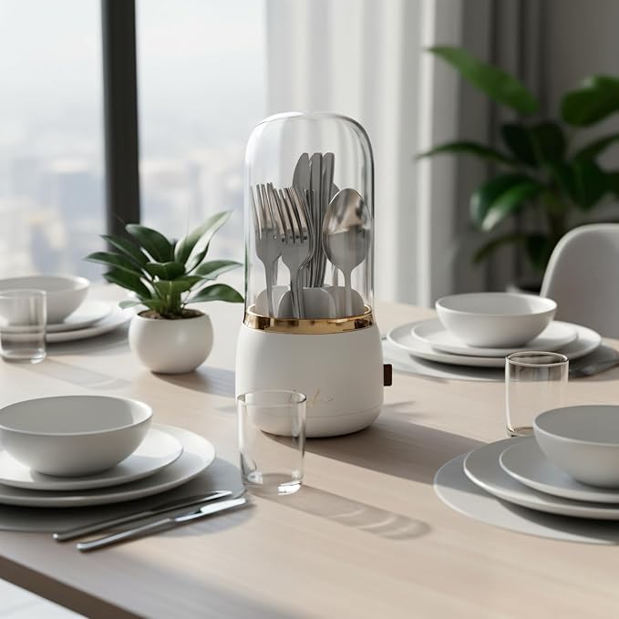 360° Rotating Silverware Organizer with Lid - 7 Slot Spoon Fork Utensil Holder for Kitchen Counter, Party Caddy with Drainage