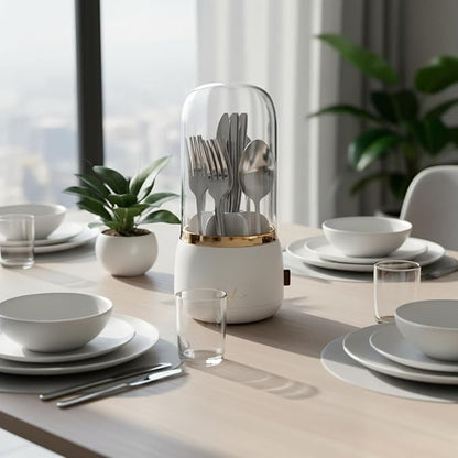 360° Rotating Silverware Organizer with Lid - 7 Slot Spoon Fork Utensil Holder for Kitchen Counter, Party Caddy with Drainage