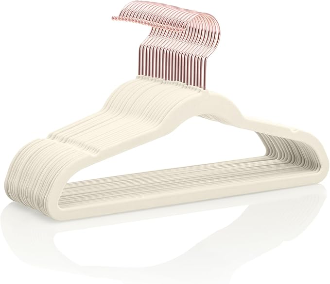 MIZGI Kids Velvet Hangers,Non-Slip Big Kids Hangers,14 Inch Hangers for Youth,Teen Clothes,Pack of 50（Ivory/Rosegold）