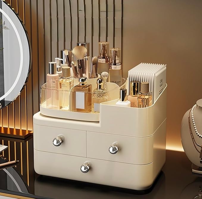 Cosmetic Organizer with 3 Drawers, Makeup Storage Display Case, White Vanity Beauty Container, Chrome Knobs