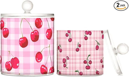 2 Pack Qtip Dispenser Apothecary Jars with Lids Cotton Round Holder Bathroom Canisters for Cotton Swab Floss Ball Pads Clear Plastic Decorative Pink Checkered Cherry