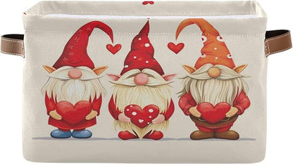 Large Storage Basket Gnomes Hold Hearts Storage Bin Cube Canvas Fabric Organizer Handles Collapsible for Clothes Toys Bedroom Decorative