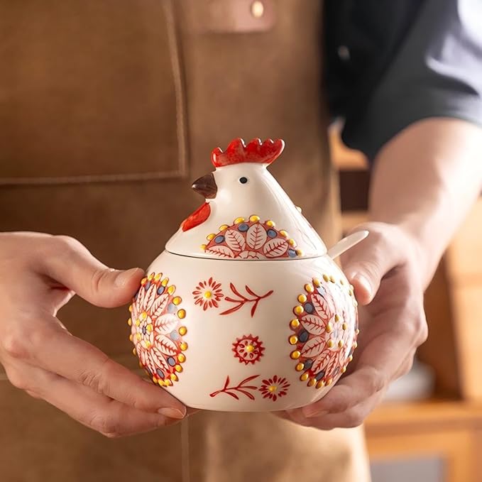 Ceramic Chicken-Shaped Seasoning Jar, Kitchen Condiment Box with Spoon and Lid, Moisture-Proof Household Storage Container (Red)