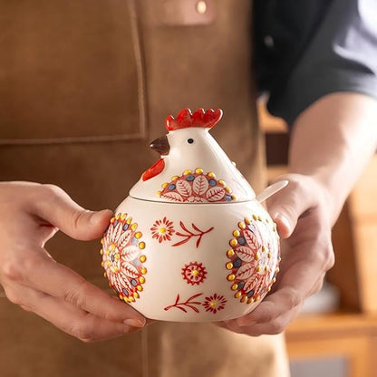Ceramic Chicken-Shaped Seasoning Jar, Kitchen Condiment Box with Spoon and Lid, Moisture-Proof Household Storage Container (Red)