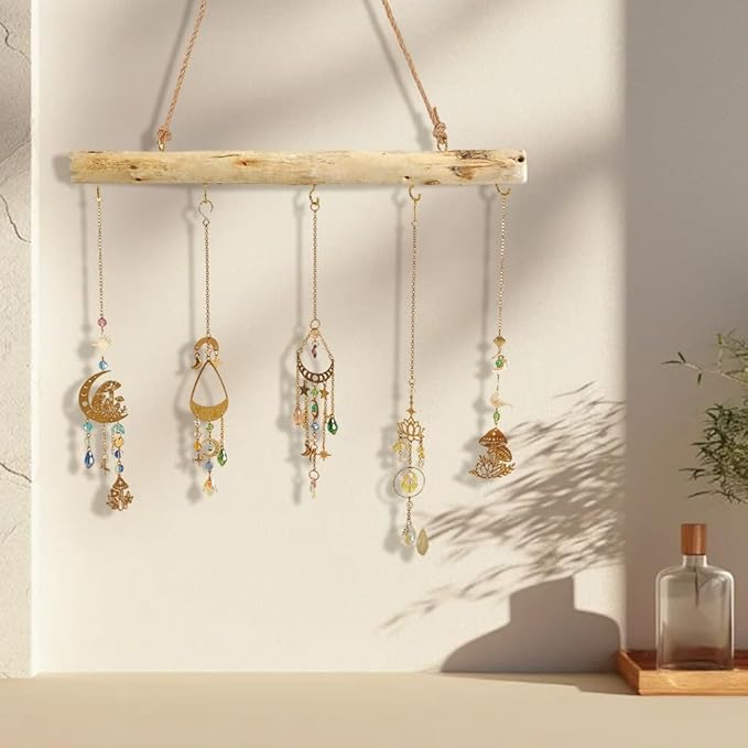 15 Inch 5 Hook Driftwood Wall Hanging Wall Mounted Jewelry Holder Decor Natural Wood Farmhouse Vintage Wooden Necklace Holder Branch Hooks with Jute Rope for Dried Flowers Keys Crafts Home