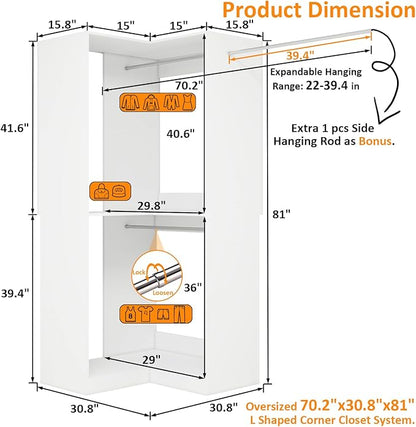 Vomavex Corner Closet System with 3 Hanging Rods, 30.8”-70.2” L Shaped Freestanding Closet Organizer for Walkin Closet, Corner Wardrobe, White