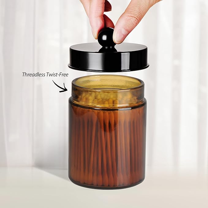 3PC Farmhouse Decor Qtip Holder Apothecary Jars Bathroom Vanity Storage Organizer -Countertop Canister Container &Cute Stickers for Cotton Swab, Ball,Pad,Floss,Paper Clips (Black)