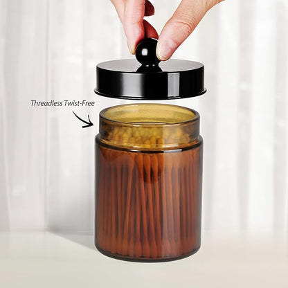 3PC Farmhouse Decor Qtip Holder Apothecary Jars Bathroom Vanity Storage Organizer -Countertop Canister Container &Cute Stickers for Cotton Swab, Ball,Pad,Floss,Paper Clips (Black)