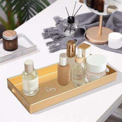 MAONAME Gold Vanity Tray, Plastic Decorative Tray, Rectangular Trays with Handles, Narrow Bathroom Trays for Toilet Tank, 13.8" X 6" X 1.57"