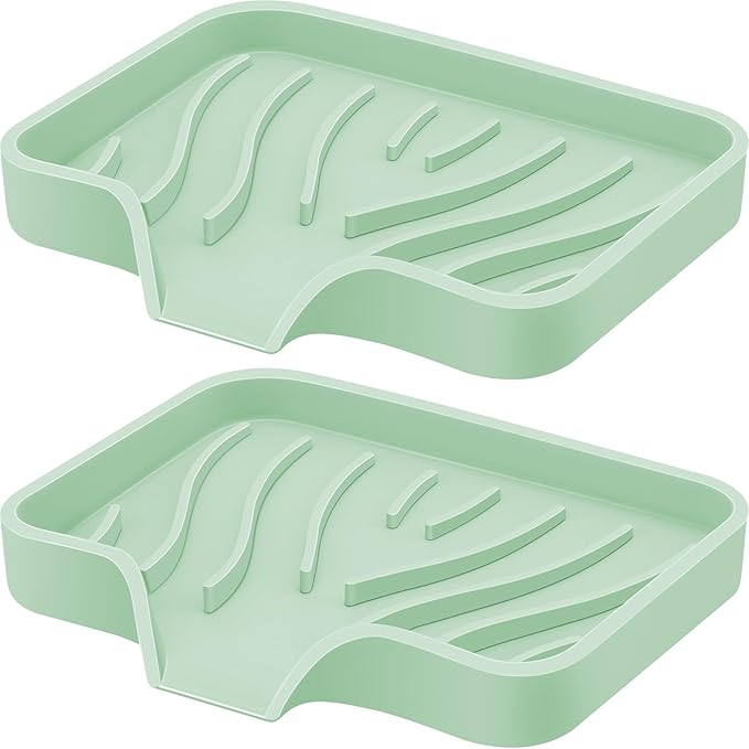 Silicone Soap Dish with Drain, SAISN Kitchen Soap Tray for Shower 2 Pack Self Draining Soap Dish Soft Bathroom Soap Holder for Kitchen Sink Flexible Portable Soap Saver, Light Green