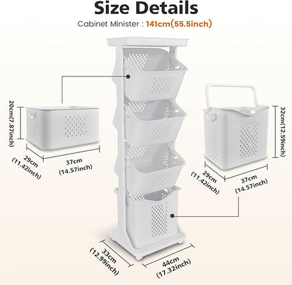 BAOKALER 4-Tier Laundry Hamper Sorter, Vertical Rolling Laundry Baskets with Wheels Removable, Stackable Laundry Cart Organizer and Storage for Small Space, Dorm, Closet, Bathroom