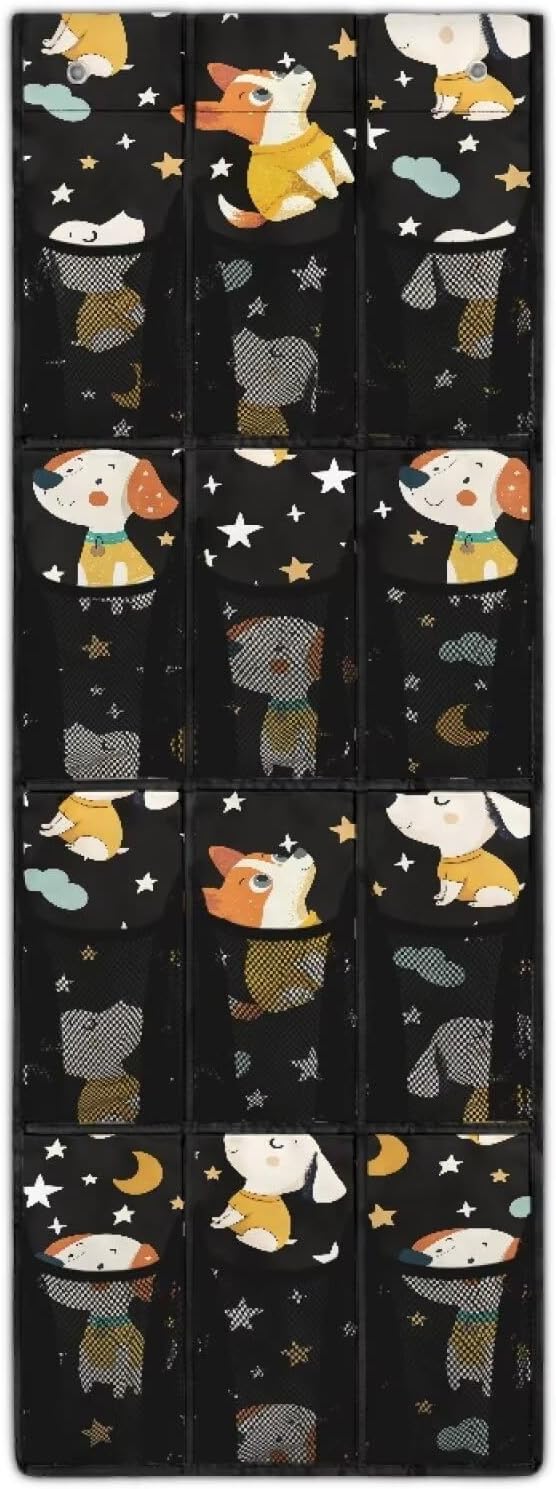 12 Large Mesh Pockets Over the Door Shoe Organizer Cartoon Dog Hanging Shoe Rack for Closet Shoe Organizer Door Hanger for Bedroom Bathroom