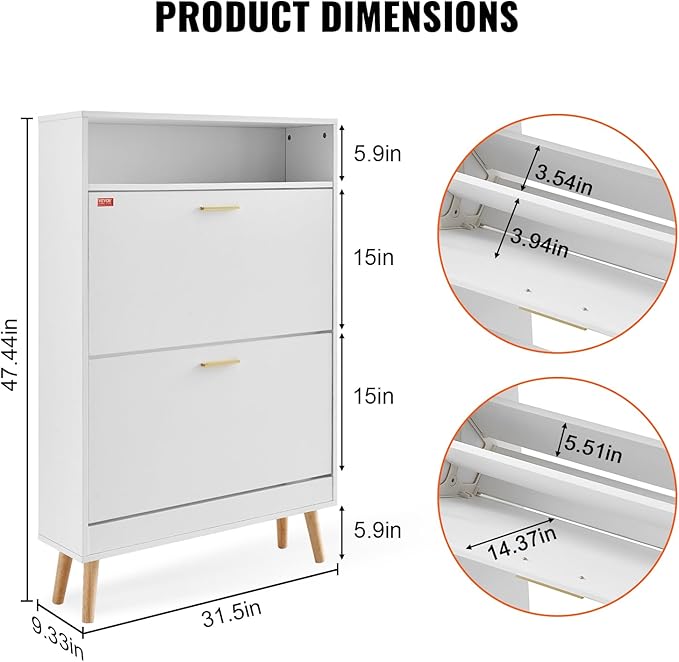 VEVOR Shoe Storage Cabinet for Entryway, 31.5" D x 9.4" W x 47.3" H, White