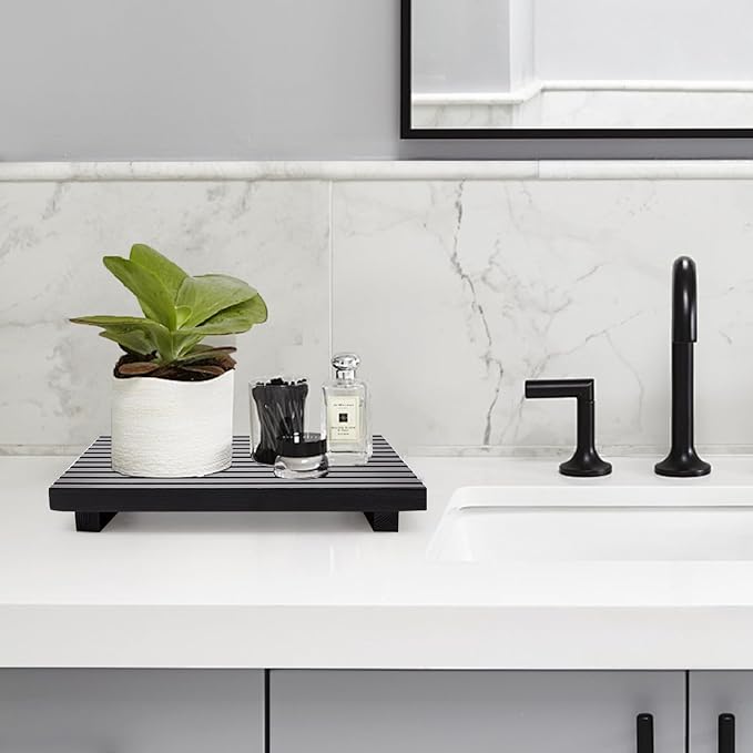 Black Wood Riser Display Stand for Bathroom Organizer Tray Kitchen Counter Decor Sink Accessories Decorative Wooden Pedestal for Kitchen Soap Tray Vanity Bathroom Counter Decor Dish Soap Holder