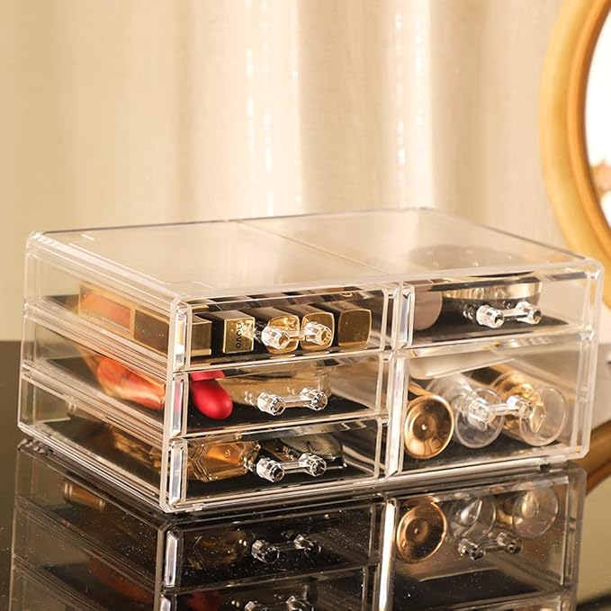Office Desktop Storage Box,Rectangular Desktop Drawers,Plastic Makeup Storage,Containers Bins With Drawers Desk Organization Pull Out Small craft Storage Case Box Cube,Pack of 1 (Clear, 5 Drawers)