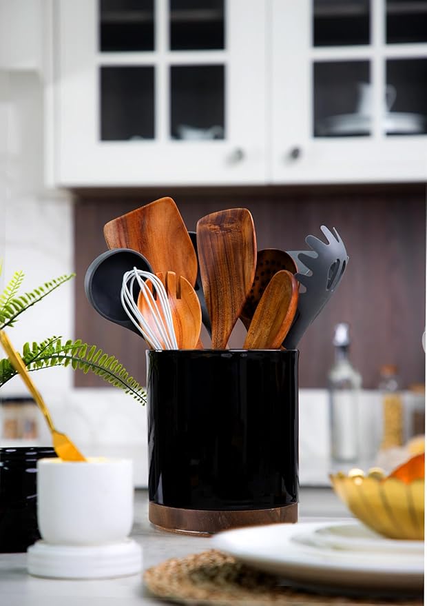 Nucookery 360°Rotating Utensil Holder, 7.2" Large Utensil Crock, White Ceramic Cooking Utensil Organizer,Farmhouse Kitchen Decor Christmas Thanksgiving Gift (Black)