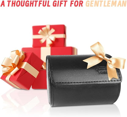 Leather Tie Case Box Organizer for Men's Necktie and Bow Tie Storage Travel Gift Box (round button, Black, 4.3" x 3.3" x 3.3")