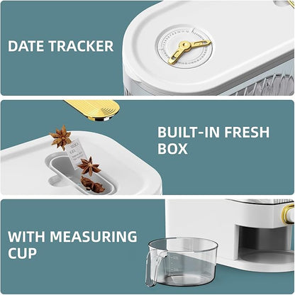 Rice Dispenser, 11Lbs-12Lbs Rice Container with Measuring Cup, Upgraded Lid Time Dials & Built-in Fresh Box Rice Container Storage for Home Kitchen Pantry Stores Rice - White Capacity 11Lbs-12Lbs