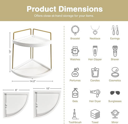 Forbena Corner Bathroom Counter Organizer, 2 Tier Bathroom Organizer Countertop, Small Bathroom Sink Top Trays Corner Shelf Stand for Makeup Vanity Perfume Skincare Decor Storage (White and Gold)