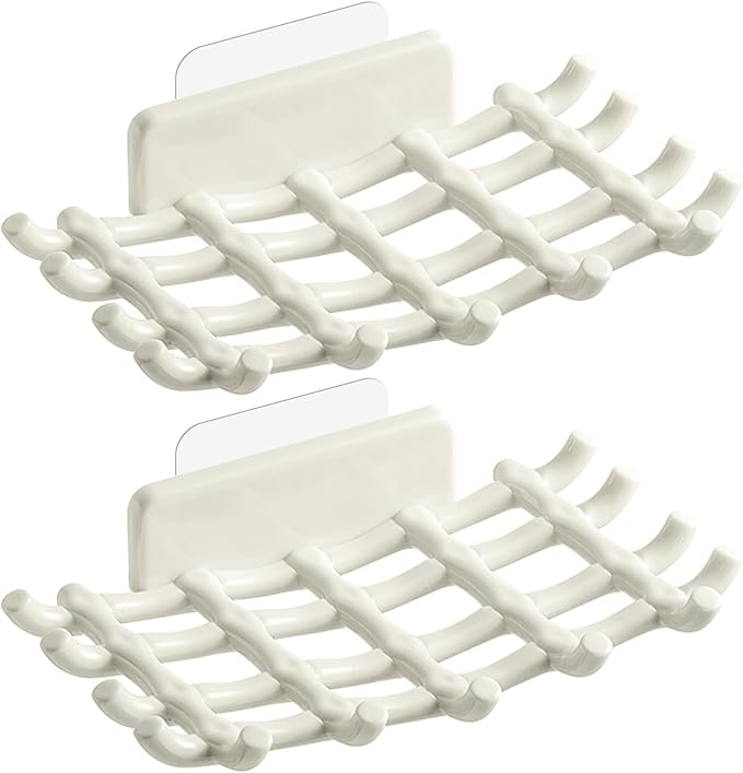 Shower Soap Holder for Wall, Adhesive Bar Soap Dish with Self Draining Grid, Side Hooks and No Drilling Mount, White, 2 Pack