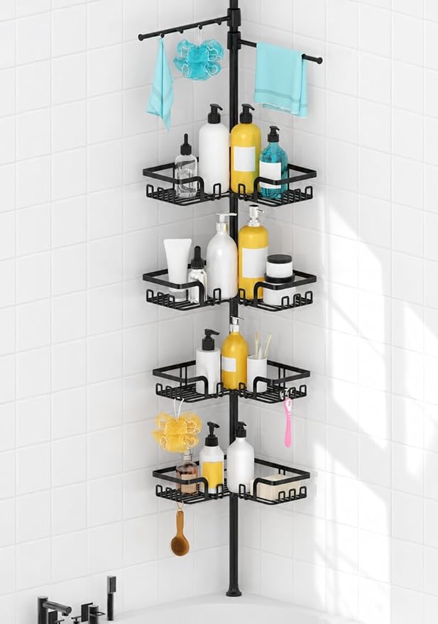 KEGII Shower Caddy Tension Pole with 2 Towel Bars, Corner Shower Organizer Shelves for Bathtub Shampoo Storage, Adjustable Shower Tension Rod with Razor Holder & Hooks