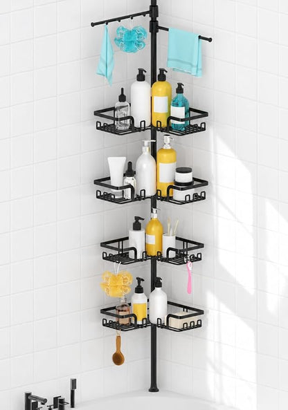 KEGII Shower Caddy Tension Pole with 2 Towel Bars, Corner Shower Organizer Shelves for Bathtub Shampoo Storage, Adjustable Shower Tension Rod with Razor Holder & Hooks