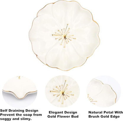 Elegant Bathroom Soap Dish, Inspired by Nature Hibiscus Flower, Ceramic Soap Dish Holder, Self-Draining and Multiple Styles for Bathroom Kitchen Accessories