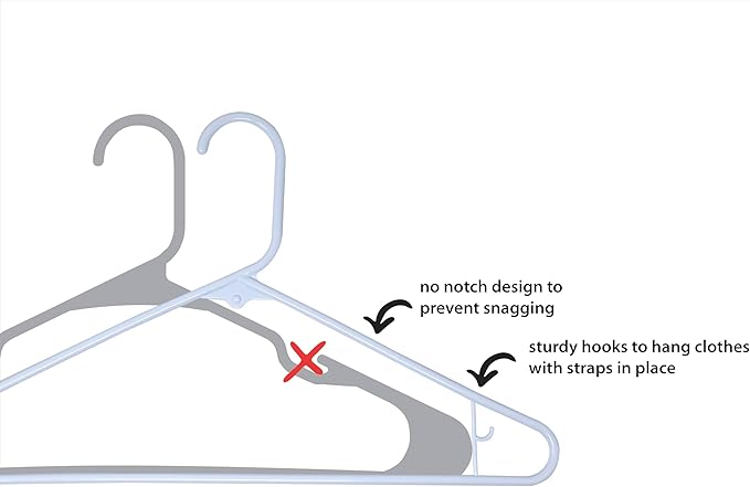 Homeselect 50 Pk Plastic Clothes Hangers Made in USA, No Shoulder Bumps, Space Saving, Hooks for Dresses and Strap, 6lb Capacity (Black)