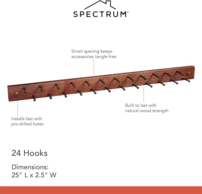 Spectrum Diversified Wooden Closet Wall Mount Storage Rack, 24 Peg Tie, Belt, Scarf and Jewelry Organizer One Coffee