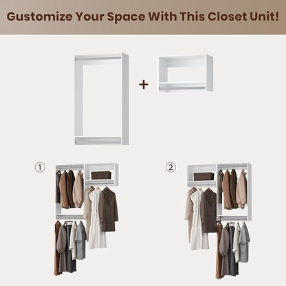 ROOMTEC Modular Closet System, 49" Wall-Mounted Closet Organizer with Hanging Rods, Wooden Tower for Walk-In Closets, Wardrobe Storage Kit, White