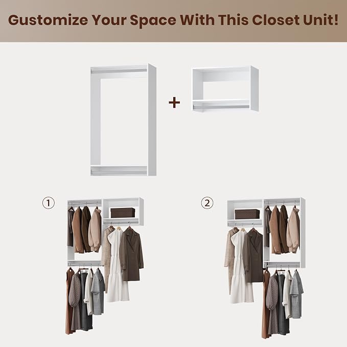 ROOMTEC Modular Closet System, 61" Wall-Mounted Closet Organizer with Hanging Rods, Wooden Tower for Walk-In Closets, Wardrobe Storage Kit, White