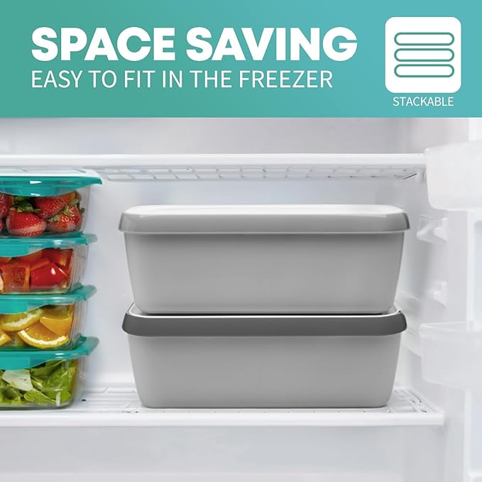Ice Cream Storage Containers with Lids 2 PACK - 1.5 Quarts Homemade Ice Cream Tubs, Freezer Containers, Light Grey