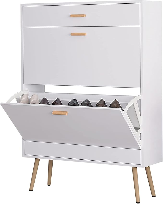 Shoe Storage Cabinets, Free Standing Shoe Organizer with 2 Flip Drawers for Entryway, Narrow 3 Tier Entryway Hidden Shoe Rack with Doors for Heels, Boots, Slippers (White-2 Flip Drawers)