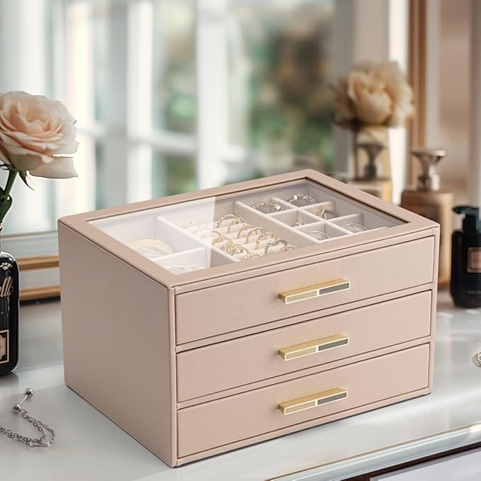 VLANDO Jewelry Box for Women, 3-Layer Jewelry Organizer with Drawers, Glass Lid Display Jewelry Storage, Soft PU Leather Exterior, Contrast Gold Metal Handles, Refined Style – Milky coffee color