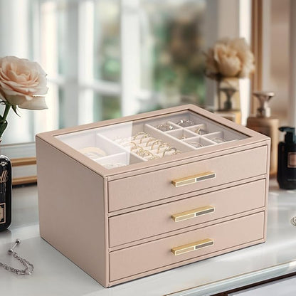 VLANDO Jewelry Box for Women, 3-Layer Jewelry Organizer with Drawers, Glass Lid Display Jewelry Storage, Soft PU Leather Exterior, Contrast Gold Metal Handles, Refined Style – Milky coffee color