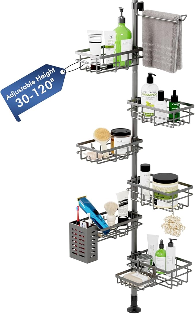 Vatex Corner Shower Caddy Tension Pole,30-120 Inch Adjustable Shower Organizer, 6-Tier Shower Shelves with Towel Rack/Toothbrush Holder/Soap Dish, Bathroom Corner Storage Rust-Resistant