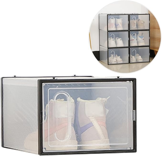 Transparent Visible Shoe Organizers Storage Boxes for Closet, Drop Front Shoe Box, Stackable Plastic Shoe Box for Display Sneakers,Easy Assembly Black