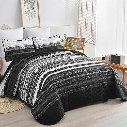 DJY Striped King Quilt Bedding Set, Boho Patchwork Bedspread 3Pcs, Black - Image 2