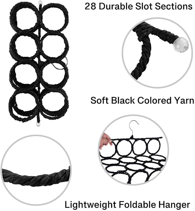 Super Z Outlet Foldable 28 Ring Hole Slots Space Saving Clothing Closet Hanger Scarf, Ties, Belts, Socks Organizer for Home Bedroom, Bathroom, Living Room (Black)