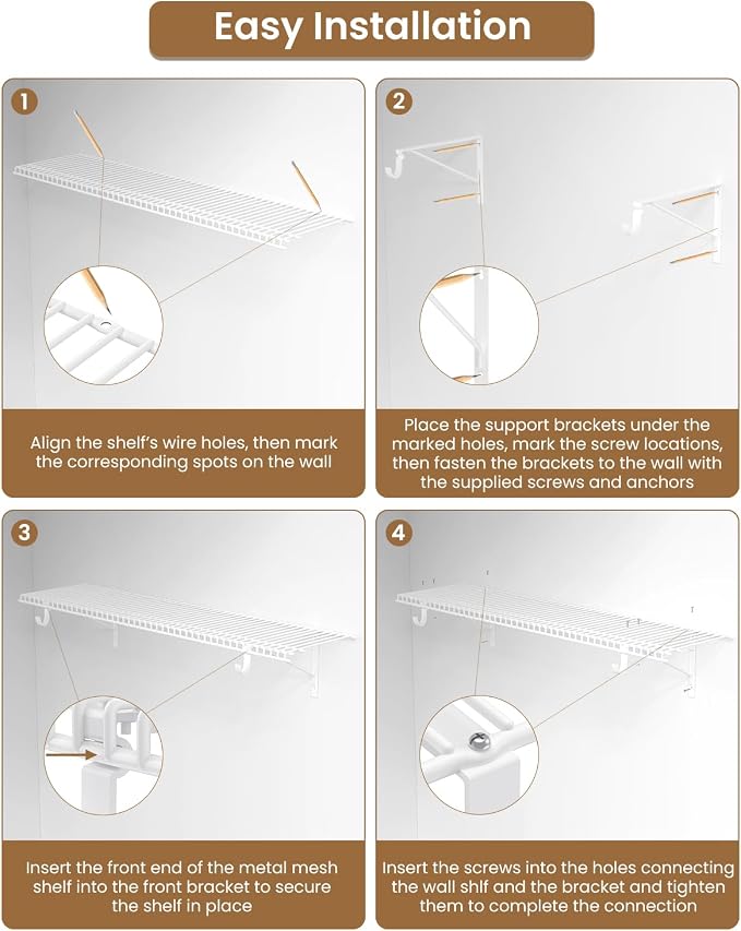 Supforce 4 Pack Closet Shelves with Triangular Brackets and Hanging Rod, 4FT X 12IN Wall Mounted Wire Shelving Orgnizer for Closet,Laundry Room,Pantry,Load Up to 150lb, White