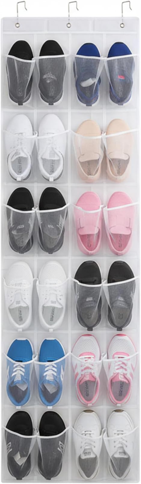 Shoe Hanger for Door 24 Mesh Pocket over the Door Shoe Organizer Space Saving Hanging Storage Holder with Hooks 64x19 Inch White